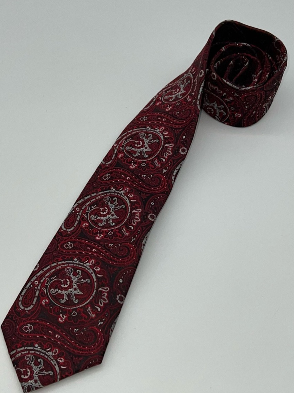 Pierre Cardin Vintage Dark Red and Black Paisley Men's Tie with Silver Accents
